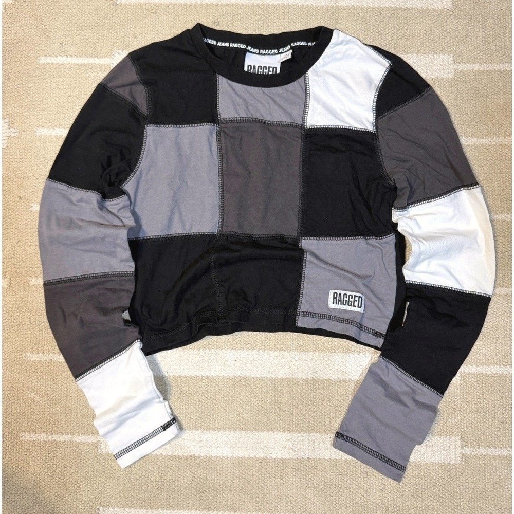 The Ragged Priest Patchwork Crop Top Womens Small Black Grey Grunge Alt Indie